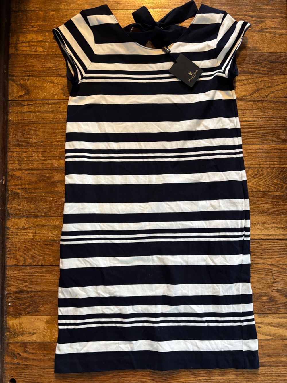 Navy & White Striped Massimo Dutti Women’s Dress with tie neck in back